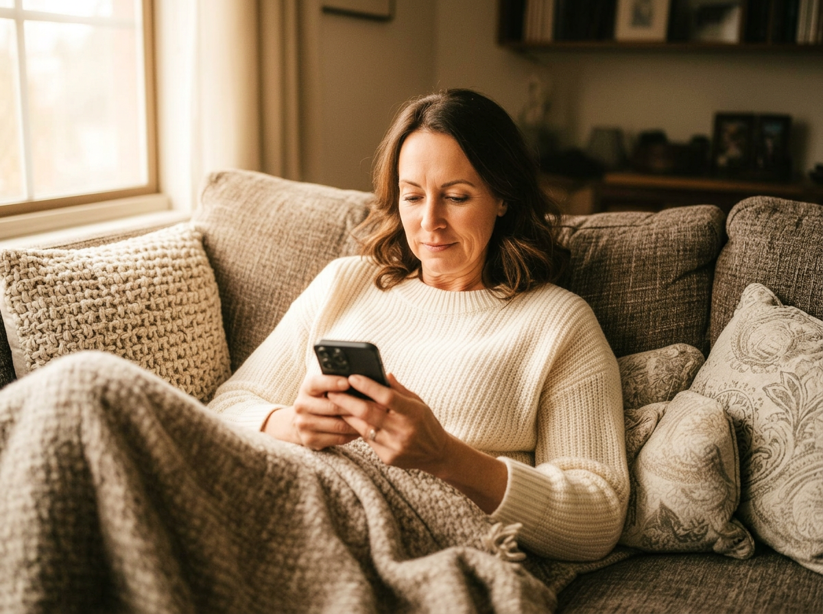 A woman in her mid-40s curled up on a cozy sofa in a knitted sweater, quietly looking at her phone with a calm, self-assured expression
